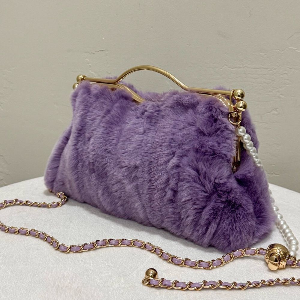 Lilac Handmade Real Rex Rabbit Fur Double Kisslock & Top Handle Purse/Crossbody